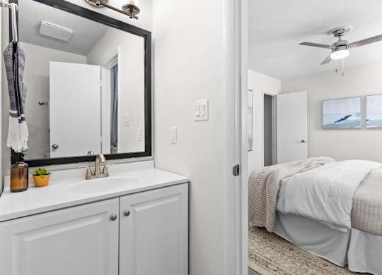 A bathroom with a white sink and a large mirror at West Oak Apartments, North Carolina