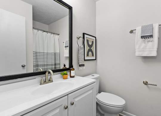 A bathroom with a toilet, sink, and towel rack at West Oak Apartments, Wake Forest, NC