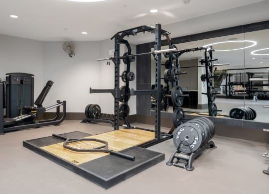 a home gym with weights and exercise equipment at Preston Ridge, North Carolina, 27513