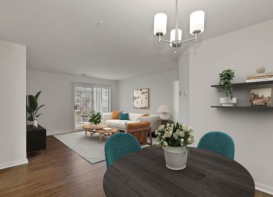 a living room with a couch and a table