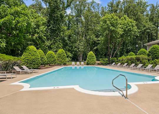 A large swimming pool surrounded by trees and lounge chairs at The Overlook at Quantico Apartments, Triangle, VA, 22172