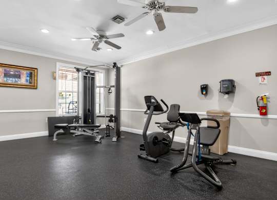 A home gym with a treadmill, exercise bike, and weights.