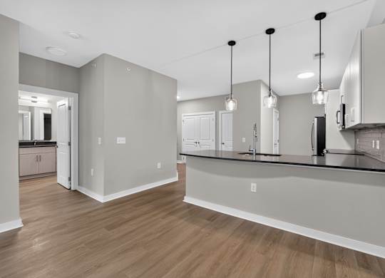 A kitchen with a black countertop and wooden floors.