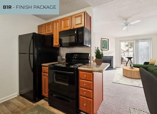 A kitchen with a black refrigerator and a black stove top oven.