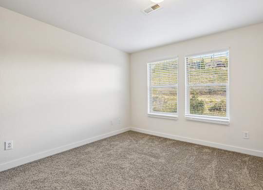 A room with carpeted floor and two windows.