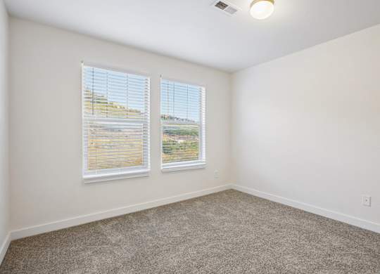 A room with carpeted floor, two windows with blinds, and a ceiling fan.