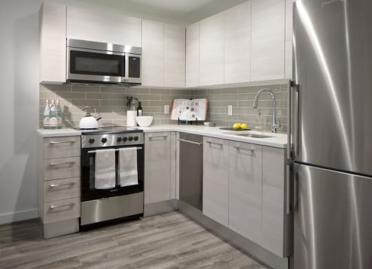 a small kitchen with stainless steel appliances and white cabinets at 1305 Dock Street, Maryland