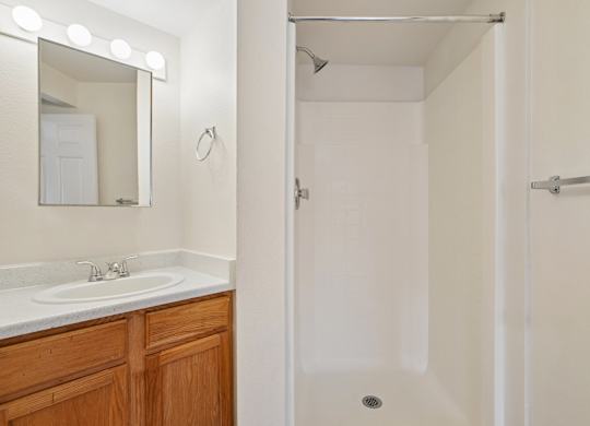 A bathroom with a sink, mirror, and shower.
