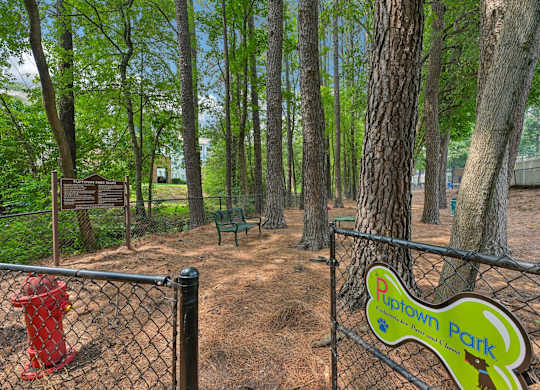 A sign for Rupown Park is on a fence in front of a tree.