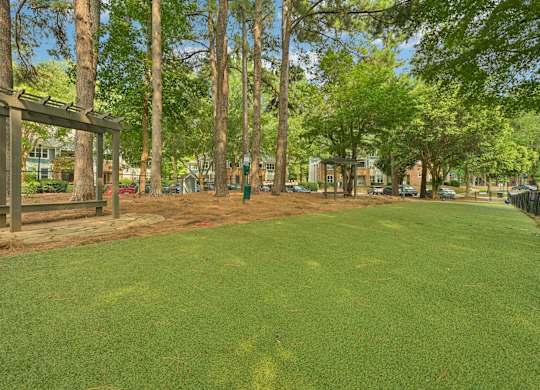 A green lawn with trees and a wooden structure in the background.