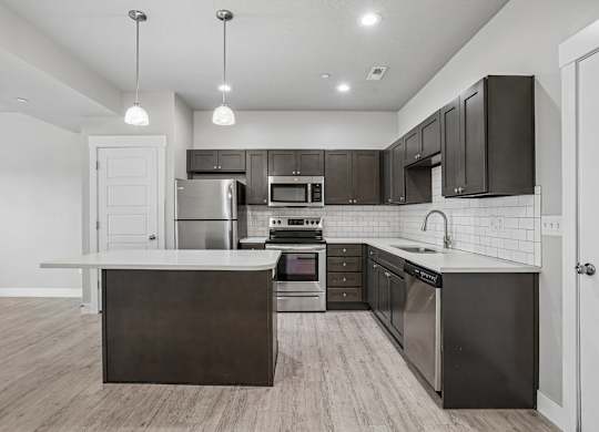 A modern kitchen with dark brown cabinets and stainless steel appliances.