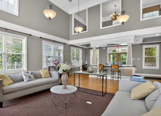 A living room with a grey couch and a coffee table.