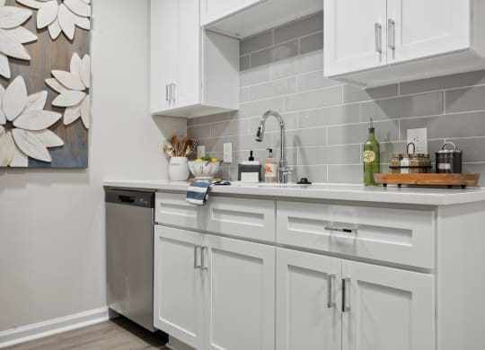 a white kitchen with white cabinets and a stainless steel dishwasher at St. Andrews Reserve, North Carolina, 28412