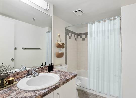 A bathroom with a marble countertop and a white sink.