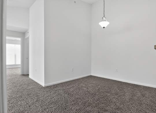 A room with a grey carpet and a hanging light fixture.