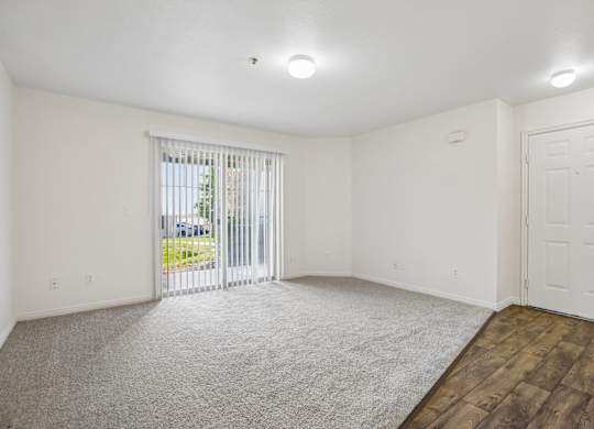 A room with a white door and a window with blinds.