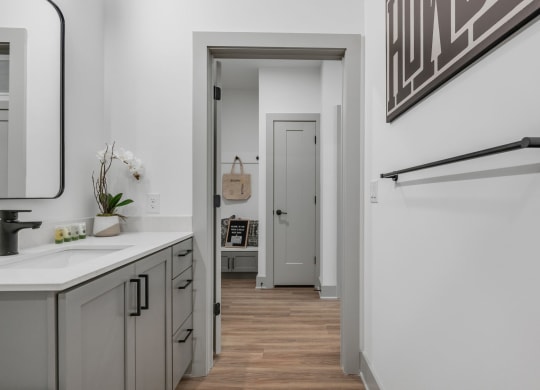 a bathroom with a sink and a mirror and a hallway to a closet