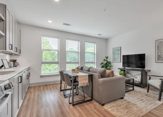 a living room with a couch and a table