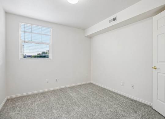 A room with a carpeted floor, a window with blinds, and a white door.