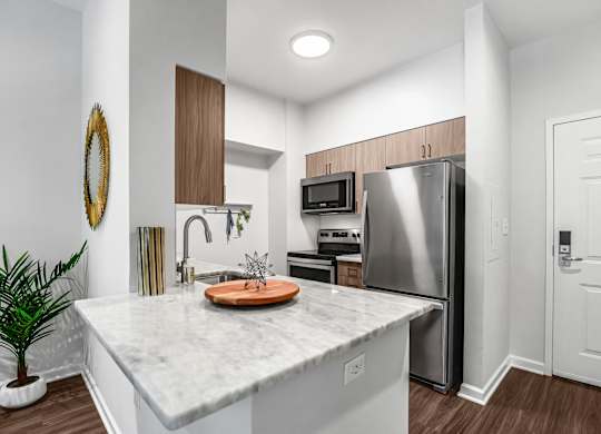 A kitchen with a marble countertop and stainless steel appliances.