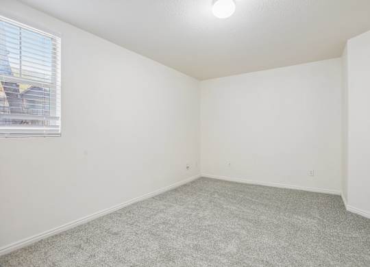 A room with a carpeted floor and a window with blinds.