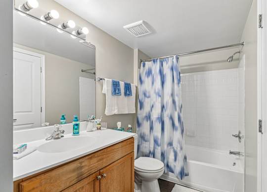 A bathroom with a white sink, toilet, and a blue and white shower curtain.