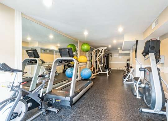 A gym with treadmills, elliptical machines, and exercise balls.