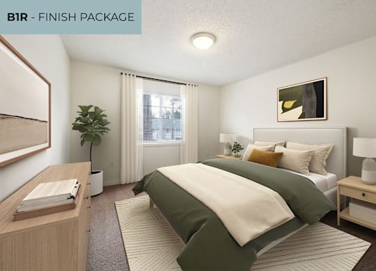 A bedroom with a bed, nightstand, and a plant.