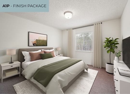 AIP - FINISH PACKAGE bedroom with a bed, nightstand, lamp, and television.