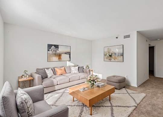 A living room with a grey couch, a wooden coffee table, and two pictures on the wall.