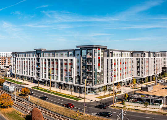 an aerial view of a large building on a city street  at South and Hollis, Charlotte, NC