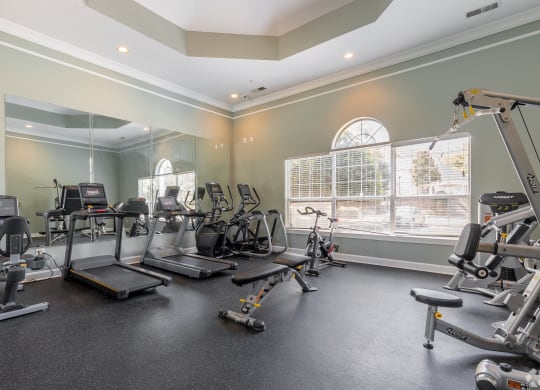 a gym with treadmills and other exercise equipment  at Alexander Ridge Apartments, Canton , Georgia