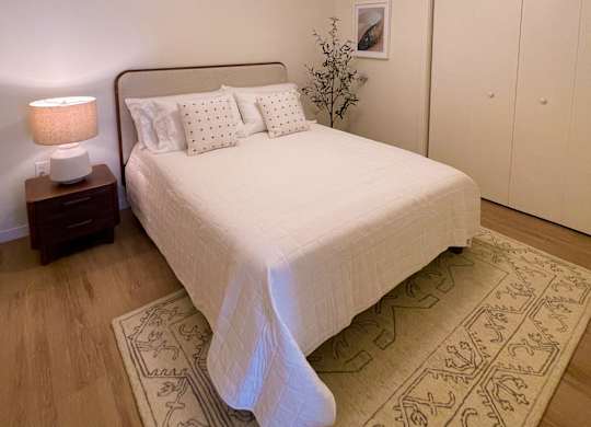 A bedroom with a bed, a lamp, and a rug.