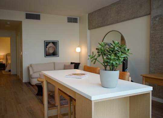 A white table with a plant on it in a room.