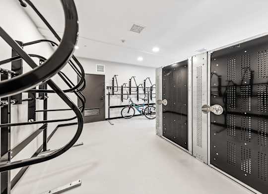 A bike room with storage at Preston Ridge, Cary NC