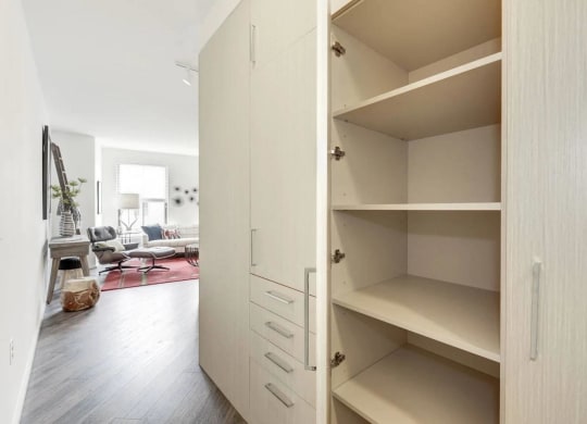 a large white closet with shelves in a living room at Reed Row, Washington