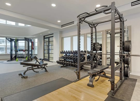 a workout room with weights and other exercise equipment at trillium apartments in fairfax,at Delamarre at Celebration, Celebration, FL