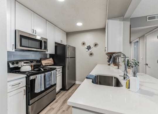 a kitchen with white cabinets and stainless steel appliances at Brampton Moors, Cary, 27513