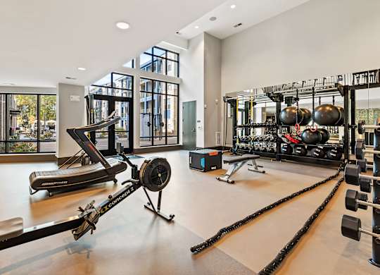 A gym with a rowing machine, dumbbells and weight plates at Preston Ridge Apartments in Cary, NC.