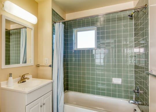 a bathroom with a shower and a sink and a mirror at North Market South Carroll, Maryland, 21701