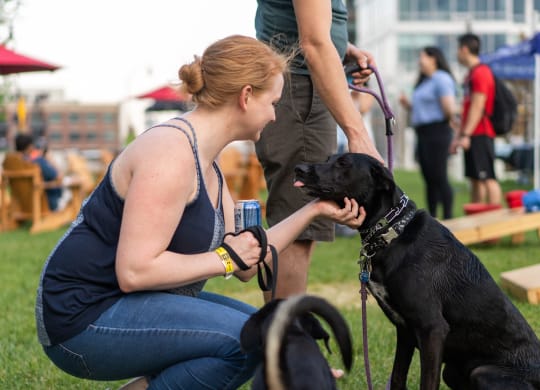 a woman petting a black dog on a leash at Allied Harbor Point, Maryland