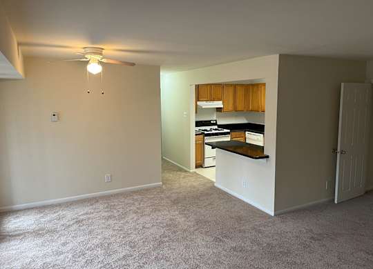A room with a carpeted floor and a kitchen area in the background at Shenandoah Station Apartments, Triangle