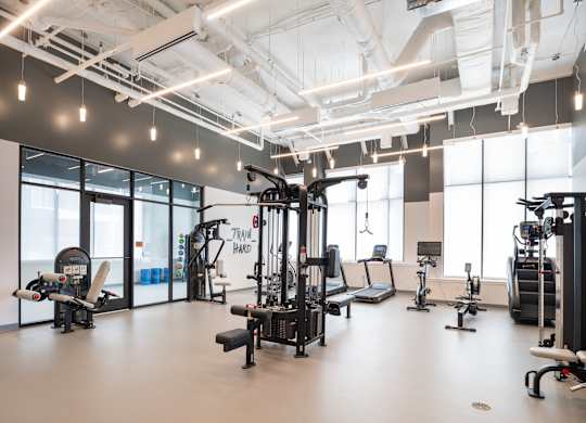 A gym with a variety of equipment including a treadmill, weights, and a stationary bike.