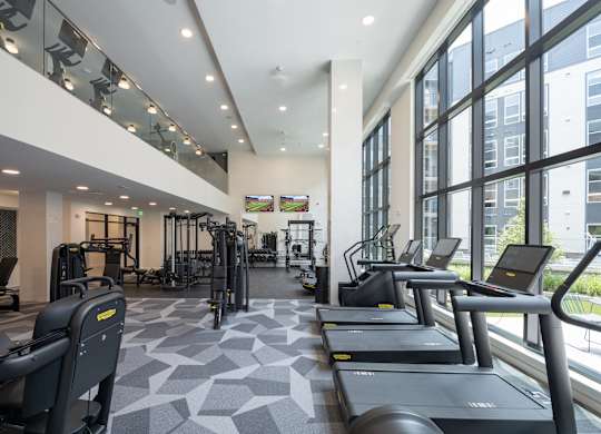 A gym with treadmills, weights, and exercise equipment at The Sully Apartments, Chantilly