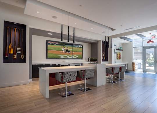 Modern room with a bar and a television playing a baseball game. at Dock 79, Washington, DC 20003 