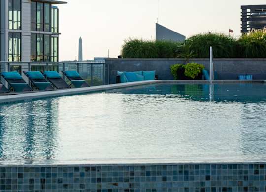 A pool with blue tiles and lounge chairs is surrounded by a concrete wall and green plants. at Dock 79, District of Columbia, 20003