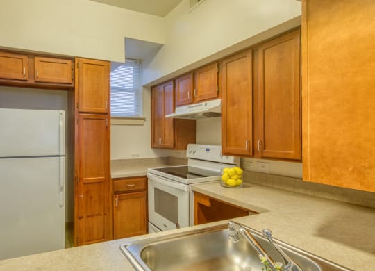 a kitchen with wooden cabinets and a white refrigerator at North Market South Carroll, Maryland