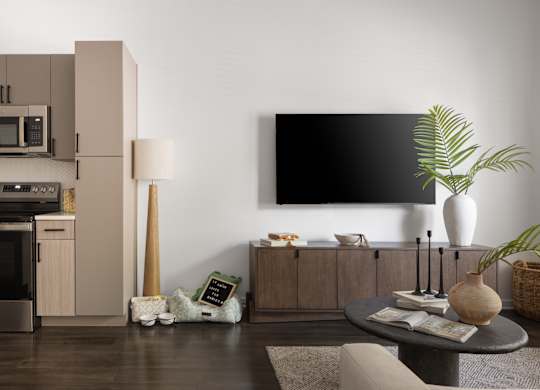 A modern kitchen with a dark oven and a black fridge.