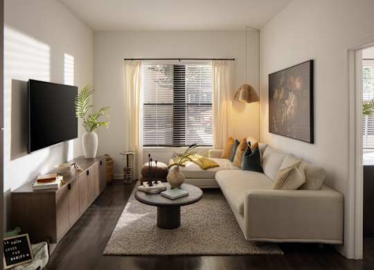 A living room with a couch, a coffee table, and a flat-screen TV.