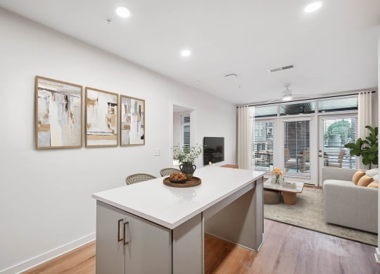 a kitchen with an island and a living room with a couch at Hawkins Press Apartments, Charlotte